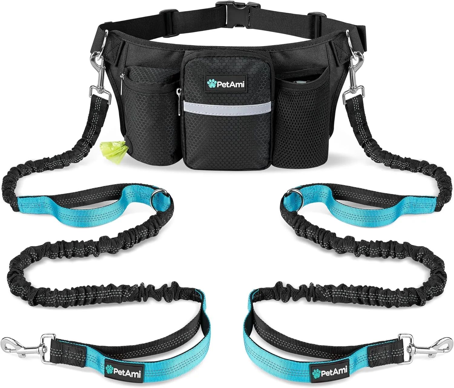 PetAmi Premium Hands Free Dog Leash for 2 Dogs, Adjustable Waist Belt Leash for Dog Walking, Fanny Pack Accessories Bag Dual Bungee Leash for Running, Hiking, Jogging, Biking, Black