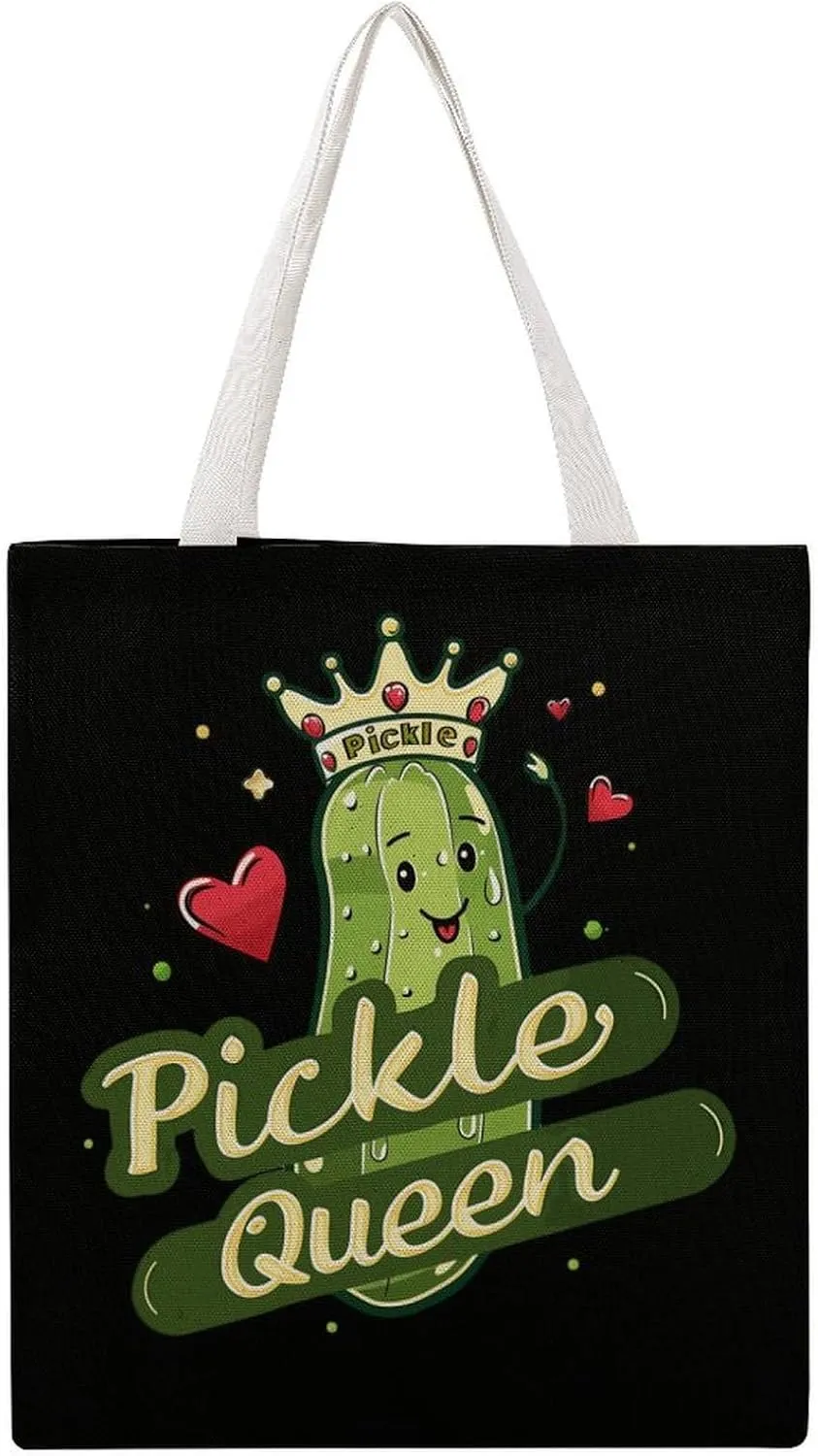 Pickle Queen Funny Cucumber Vegetable Canvas Tote Bag Casual Handbags Grocery Shopping Purses Work Bag for Women