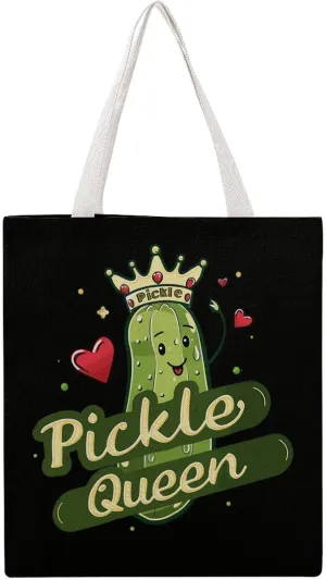 Pickle Queen Funny Cucumber Vegetable Canvas Tote Bag Casual Handbags Grocery Shopping Purses Work Bag for Women