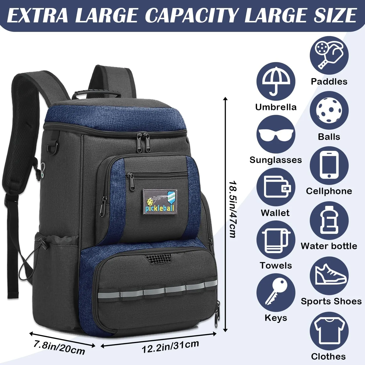 Pickleball Bag, Pickleball Backpack for Women Men - Fits 2 to 4 Paddles with Shoe Compartment & Fence Hook