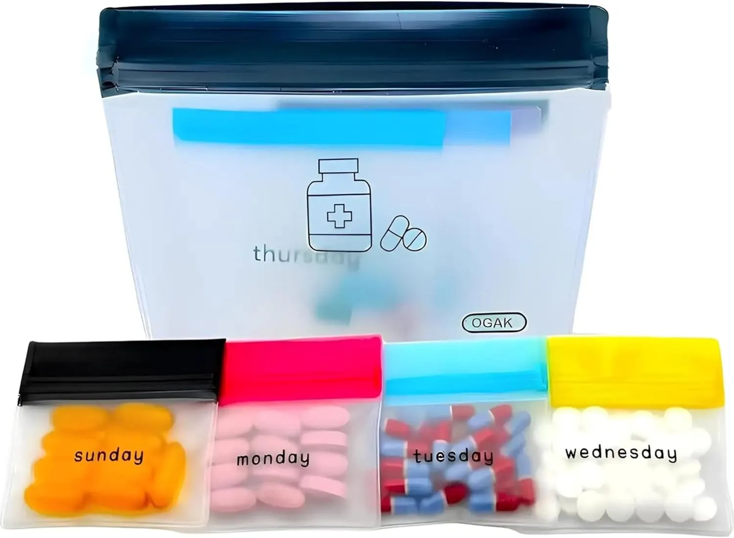 Pill Pouch Organizer with Pill Cutter, Reusable Pill Pouches for Medicine, Pill Bags for Travel, Color-Coded and Labeled Silicone Pill Pouch, Mini Daily Pill Bag, Compact Daily Vitamin Pouch (7 Day)