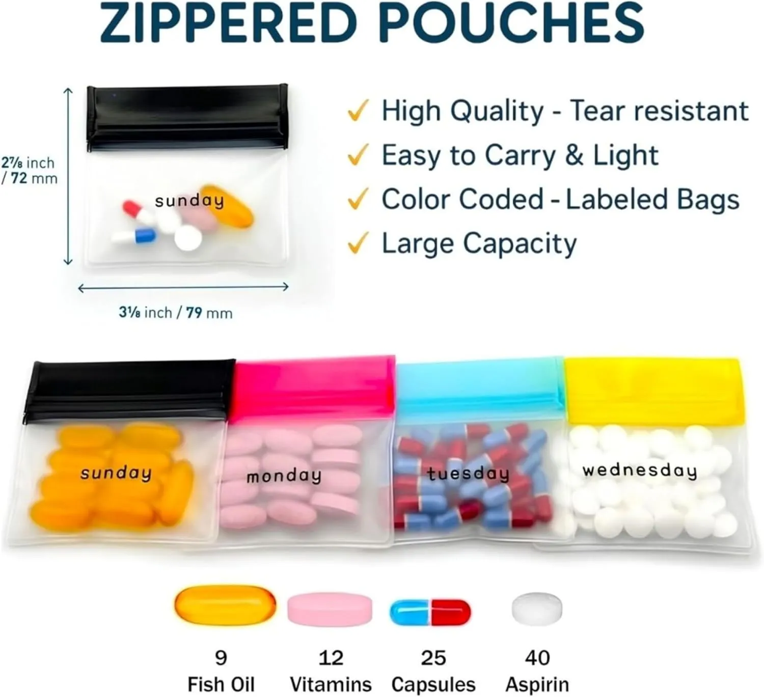 Pill Pouch Organizer with Pill Cutter, Reusable Pill Pouches for Medicine, Pill Bags for Travel, Color-Coded and Labeled Silicone Pill Pouch, Mini Daily Pill Bag, Compact Daily Vitamin Pouch (7 Day)