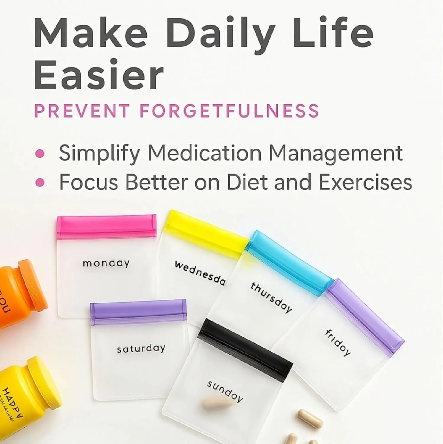 Pill Pouch Organizer with Pill Cutter, Reusable Pill Pouches for Medicine, Pill Bags for Travel, Color-Coded and Labeled Silicone Pill Pouch, Mini Daily Pill Bag, Compact Daily Vitamin Pouch (7 Day)