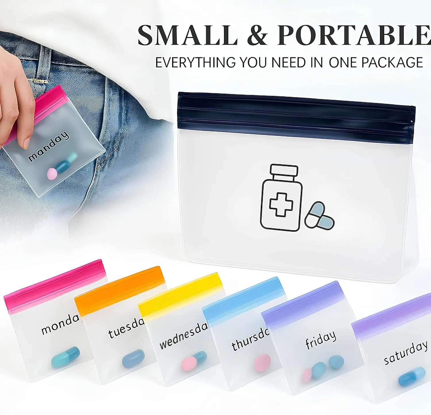 Pill Pouch Organizer with Pill Cutter, Reusable Pill Pouches for Medicine, Pill Bags for Travel, Color-Coded and Labeled Silicone Pill Pouch, Mini Daily Pill Bag, Compact Daily Vitamin Pouch (7 Day)