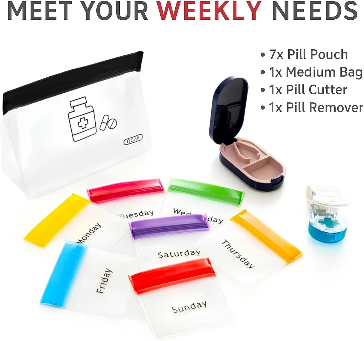 Pill Pouch Organizer with Pill Cutter, Reusable Pill Pouches for Medicine, Pill Bags for Travel, Color-Coded and Labeled Silicone Pill Pouch, Mini Daily Pill Bag, Compact Daily Vitamin Pouch (7 Day)