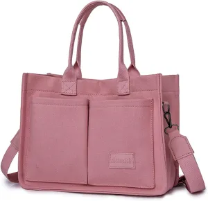 Pink Tote Bags for Women, Laptop Canvas Handbags Large Shoulder Crossbody Bag for Teacher Nurse School Multi Pocket