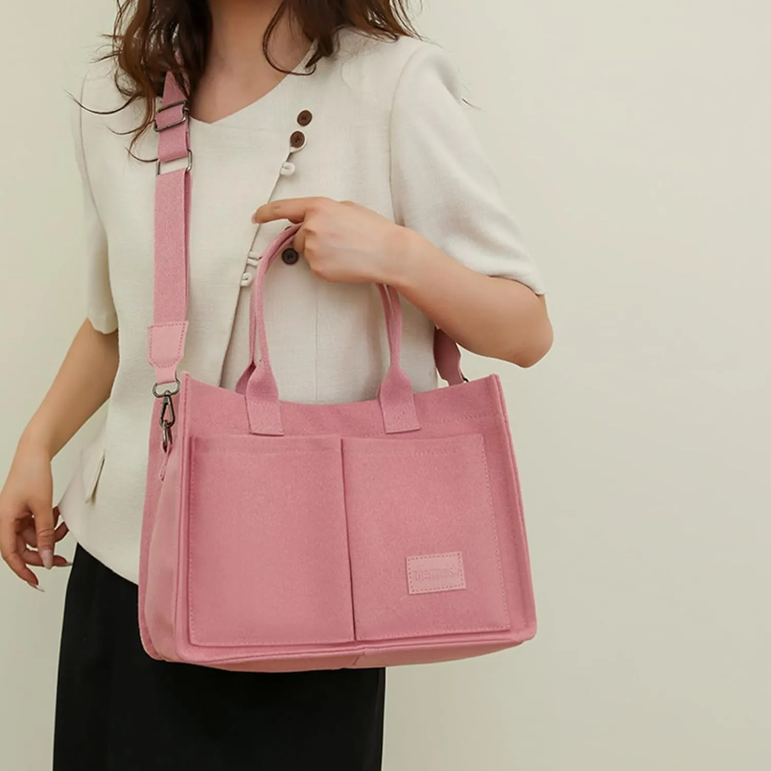 Pink Tote Bags for Women, Laptop Canvas Handbags Large Shoulder Crossbody Bag for Teacher Nurse School Multi Pocket