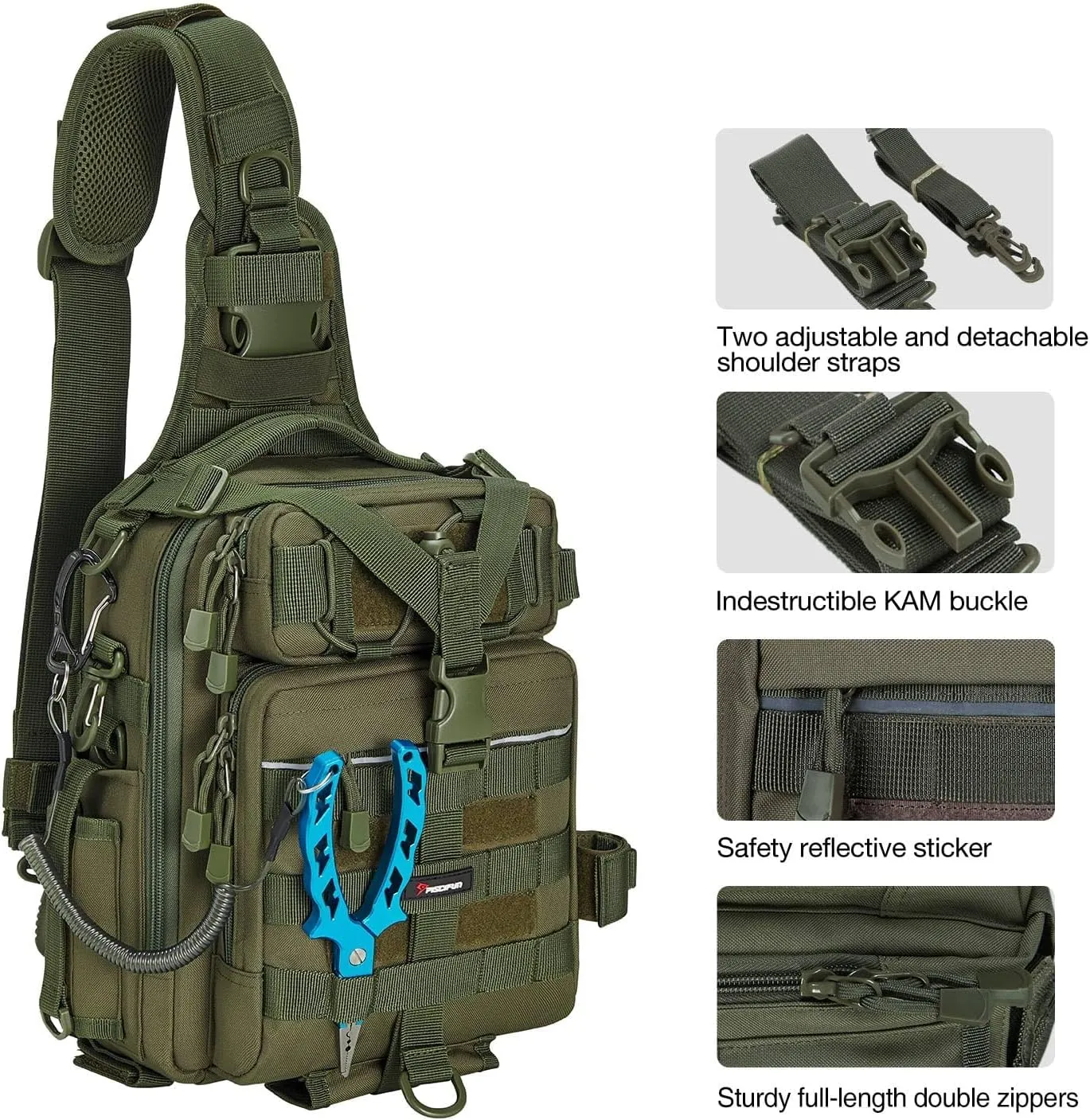 Piscifun Tackle Bag With Rod & Gear Holder - Lightweight Sling Storage Bag, Outdoor Shoulder Pack for Fishing, Hiking, Hunting