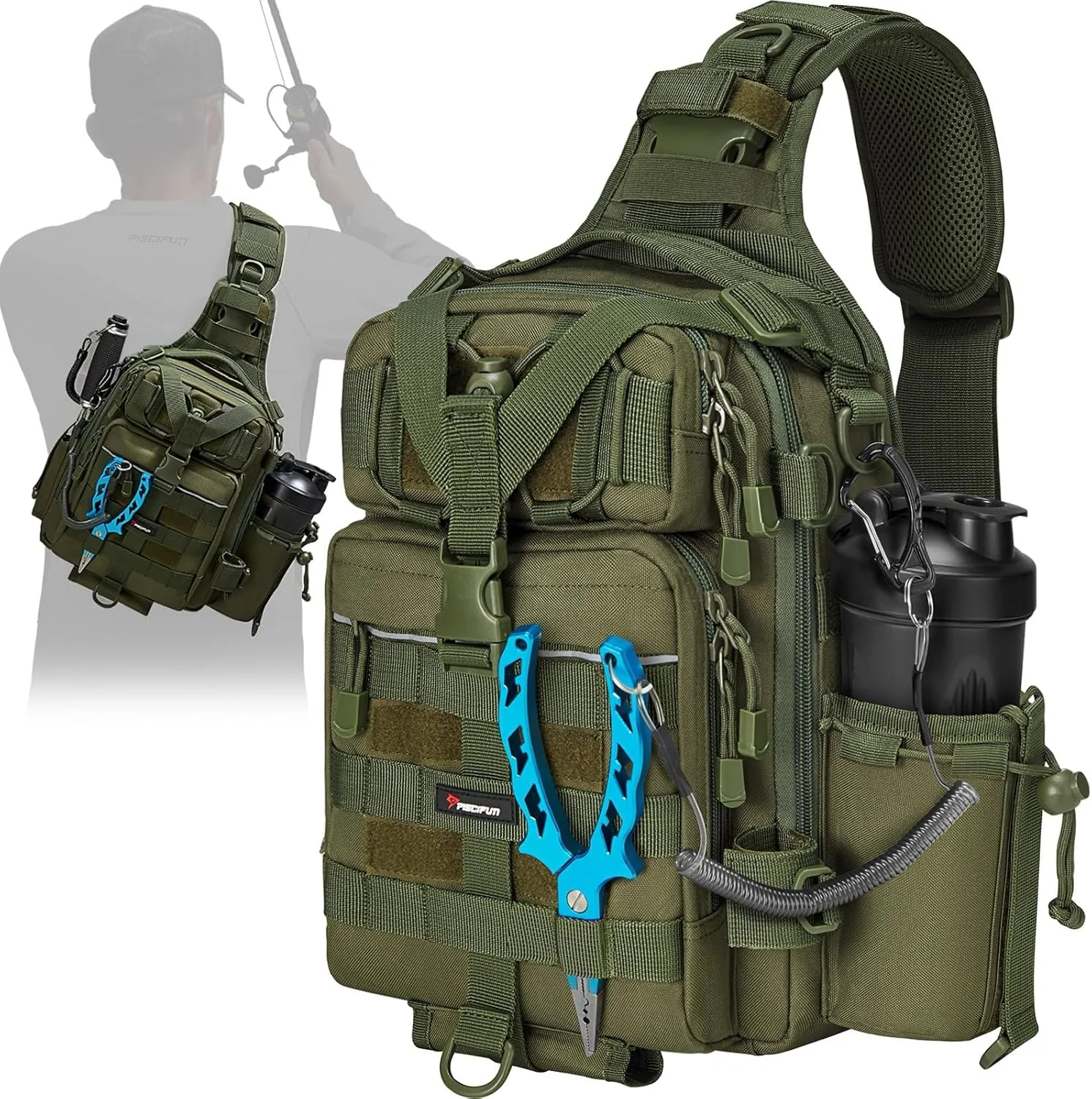 Piscifun Tackle Bag With Rod & Gear Holder - Lightweight Sling Storage Bag, Outdoor Shoulder Pack for Fishing, Hiking, Hunting