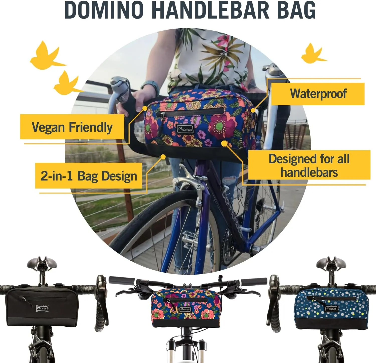 Po Campo Domino Handlebar Bag - Large, Waterproof Bicycle Storage Baskets for Front Mount - Lightweight Bike Bags That Convert To Crossbody (Bubbly)