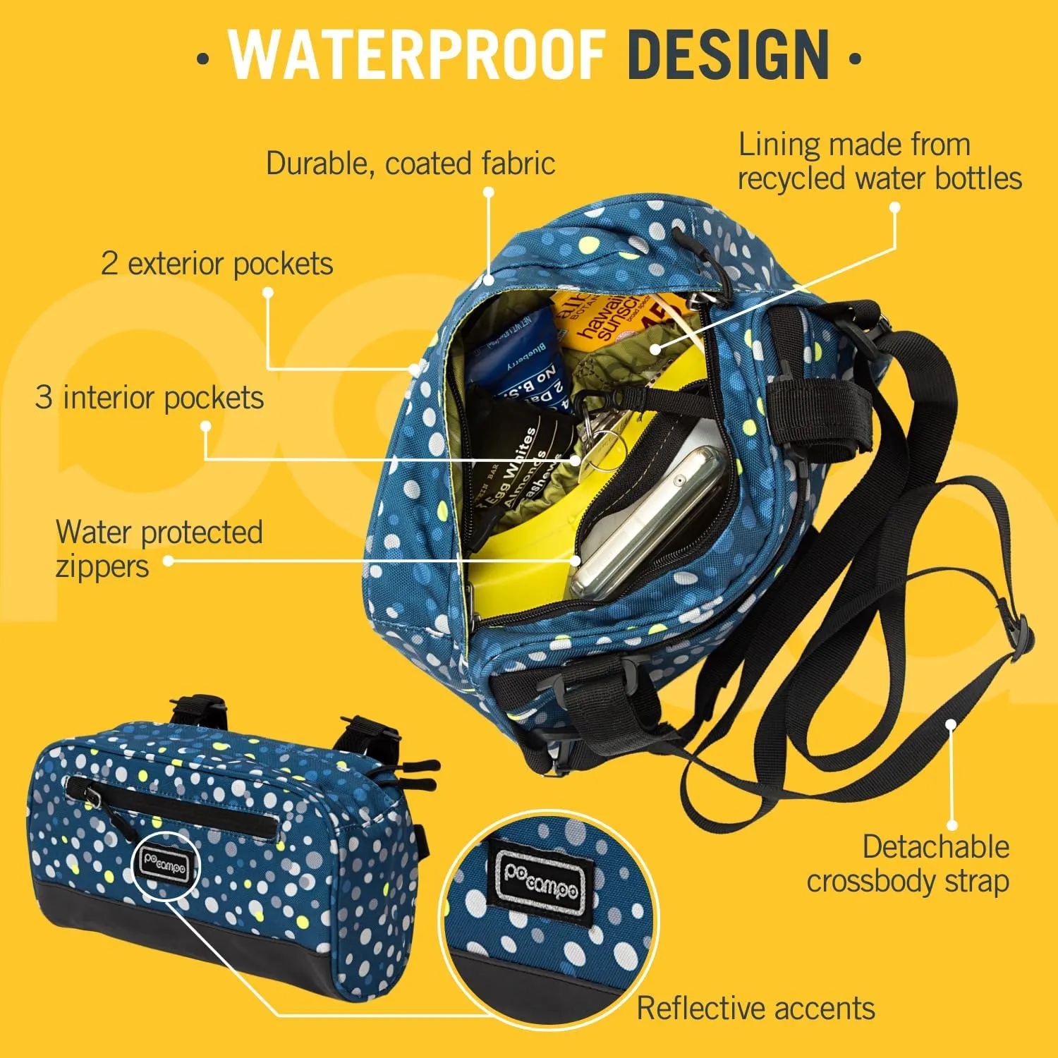 Po Campo Domino Handlebar Bag - Large, Waterproof Bicycle Storage Baskets for Front Mount - Lightweight Bike Bags That Convert To Crossbody (Bubbly)