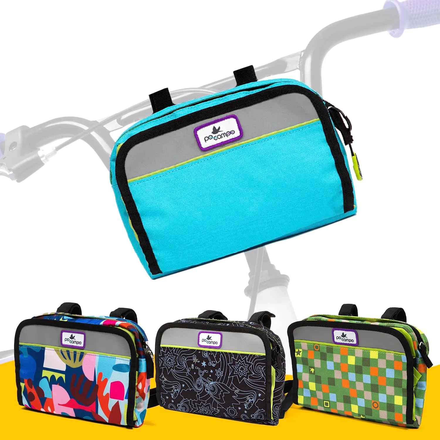 Po Campo Kids Bicycle Bag - Speedy Front Frame Bike Handlebar Bag Fabric Bike Basket Waterproof Front Mount Bike Bag for Boys Girls Bike or Scooter Handle Bars Converts to Crossbody Bag