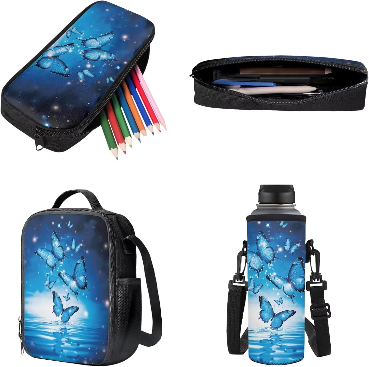 Poceacles Boys Girls 4 Piece Backpack Set Cute Rucksack Lunch Bag Pencil Case Water Bottle Carrier, Kawaii Lightweight Rucksack Bookbag for Children Students, Blue Butterfly Water Ripple