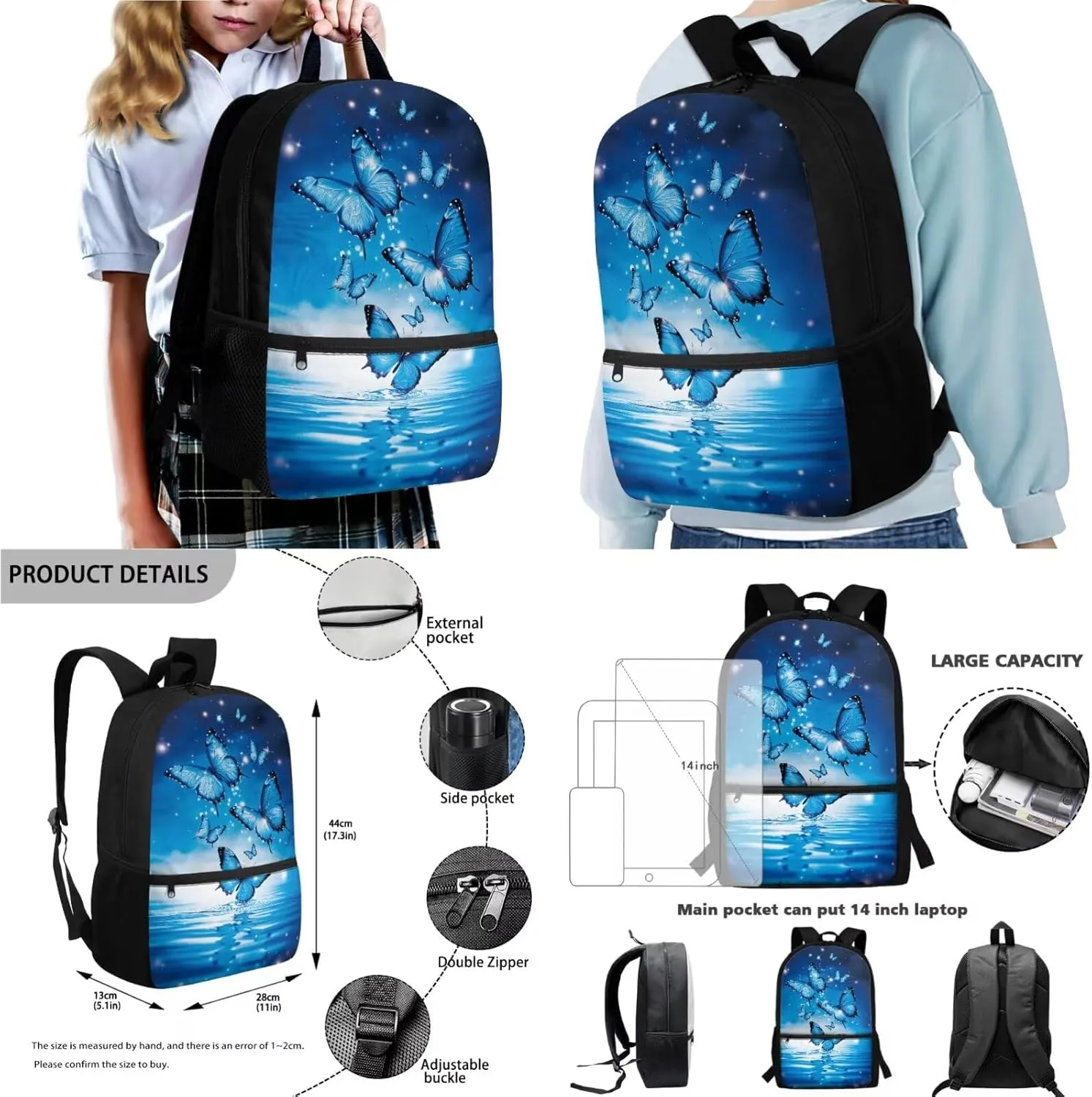 Poceacles Boys Girls 4 Piece Backpack Set Cute Rucksack Lunch Bag Pencil Case Water Bottle Carrier, Kawaii Lightweight Rucksack Bookbag for Children Students, Blue Butterfly Water Ripple