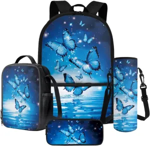 Poceacles Boys Girls 4 Piece Backpack Set Cute Rucksack Lunch Bag Pencil Case Water Bottle Carrier, Kawaii Lightweight Rucksack Bookbag for Children Students, Blue Butterfly Water Ripple