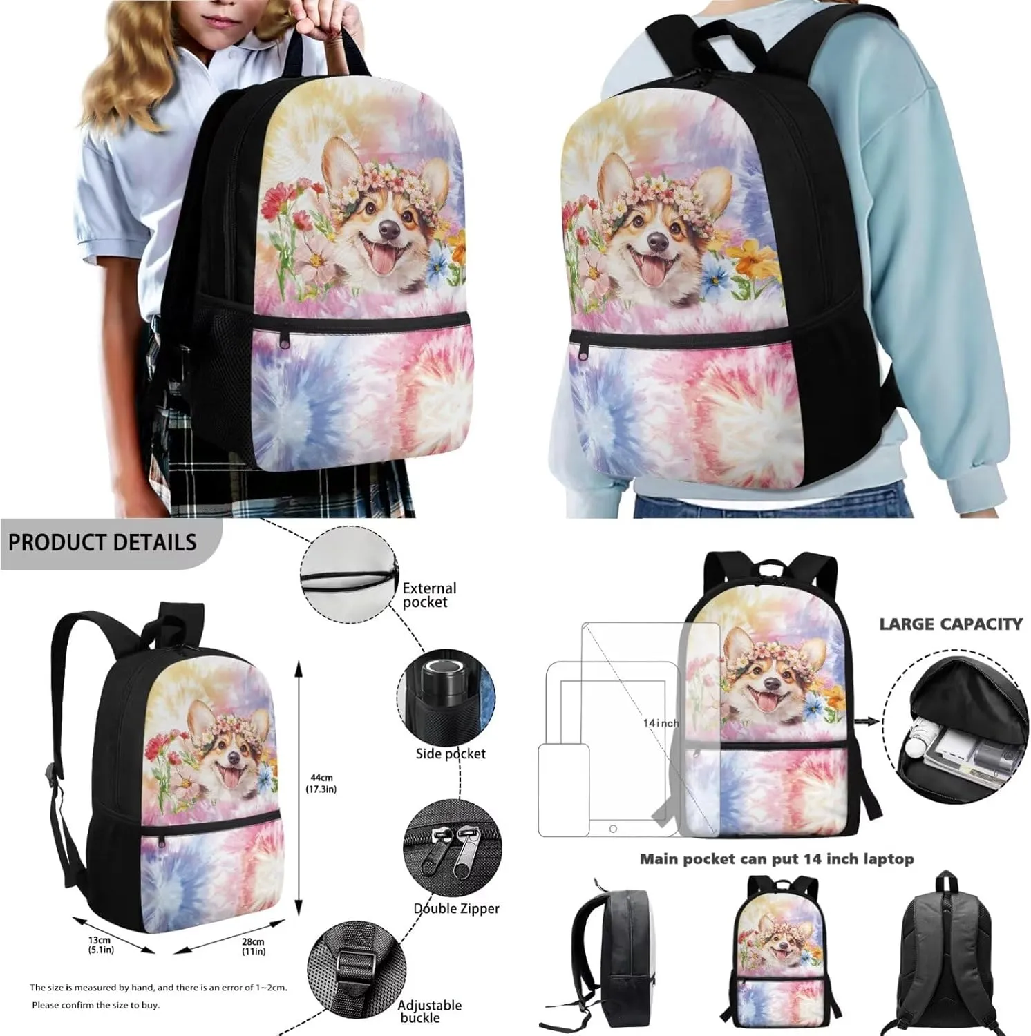 Poceacles School Backpack Set 4-Piece Students Bookbag Set, Includes Lightweight Backpack, Insulated Lunch Bag, Water Bottle Holder, Pencil Case, Fits 14 Inch Laptop, Corgi Dog Flower Tie-dye
