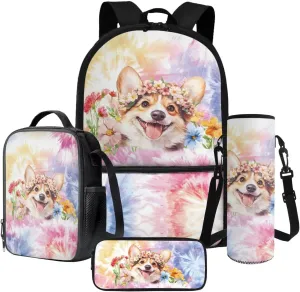 Poceacles School Backpack Set 4-Piece Students Bookbag Set, Includes Lightweight Backpack, Insulated Lunch Bag, Water Bottle Holder, Pencil Case, Fits 14 Inch Laptop, Corgi Dog Flower Tie-dye