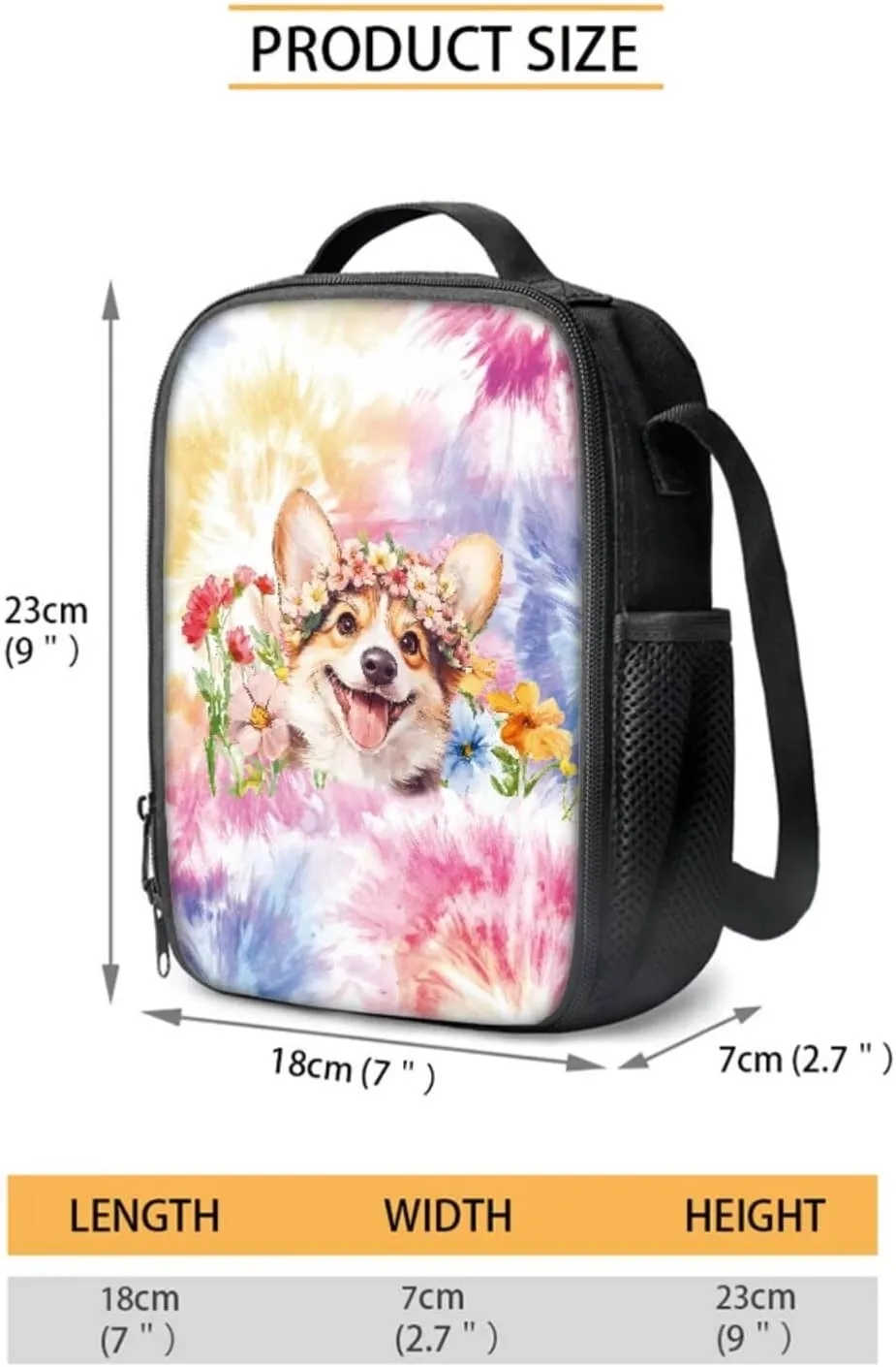 Poceacles School Backpack Set 4-Piece Students Bookbag Set, Includes Lightweight Backpack, Insulated Lunch Bag, Water Bottle Holder, Pencil Case, Fits 14 Inch Laptop, Corgi Dog Flower Tie-dye