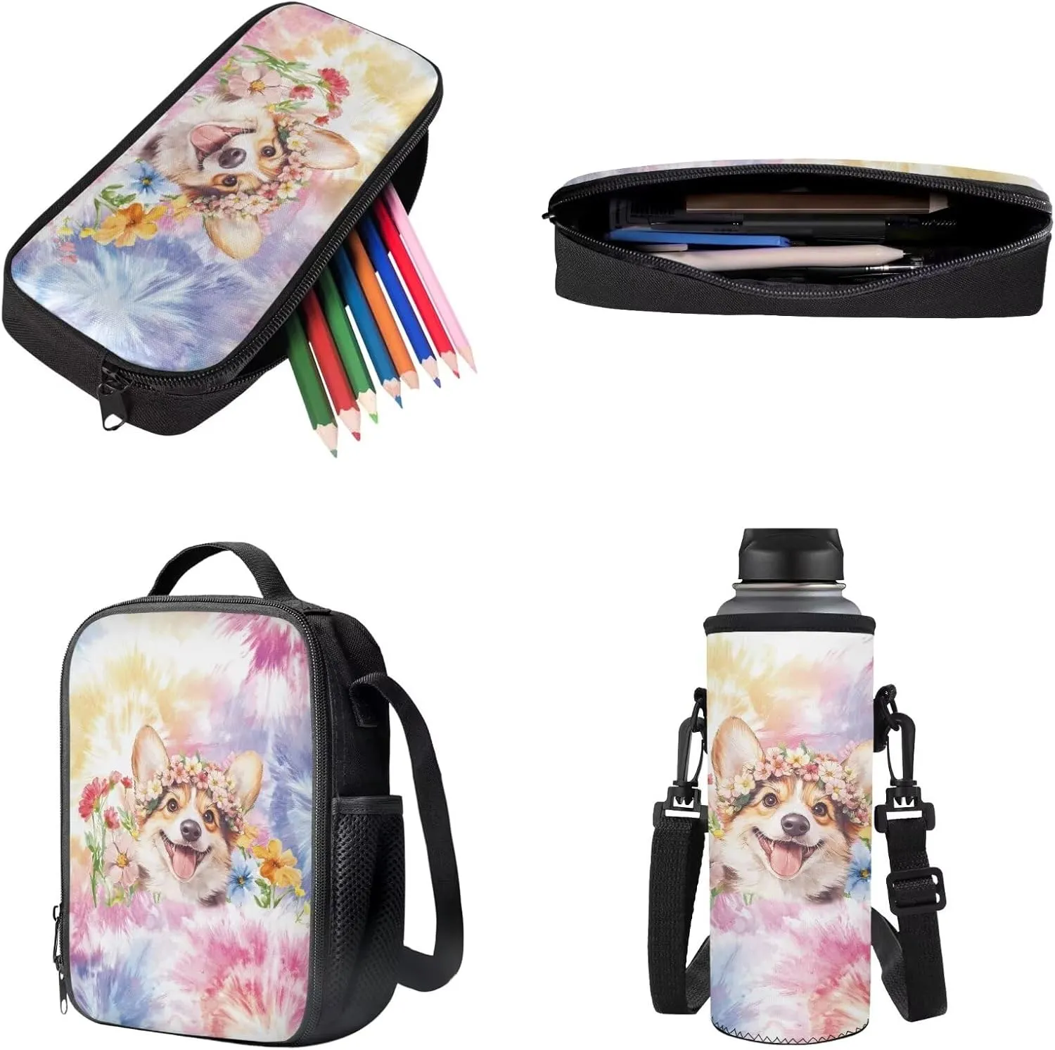 Poceacles School Backpack Set 4-Piece Students Bookbag Set, Includes Lightweight Backpack, Insulated Lunch Bag, Water Bottle Holder, Pencil Case, Fits 14 Inch Laptop, Corgi Dog Flower Tie-dye