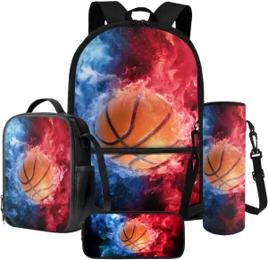 Poceacles School Bag Set, 4 Pieces with Pencil Case, Large Capacity Backpack, Lunch Bag, Bottle Carrier, Lightweight Comfortable Rucksack with Padded Shoulder Straps, Basketball Flame Blue Red