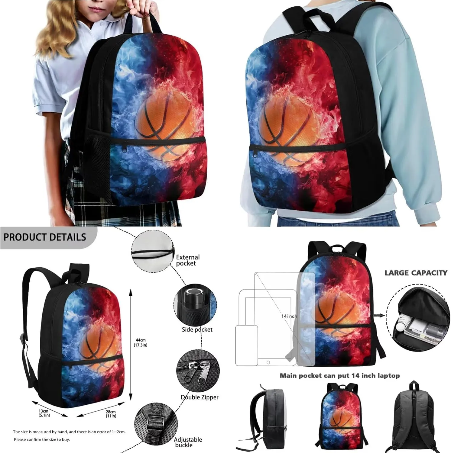 Poceacles School Bag Set, 4 Pieces with Pencil Case, Large Capacity Backpack, Lunch Bag, Bottle Carrier, Lightweight Comfortable Rucksack with Padded Shoulder Straps, Basketball Flame Blue Red