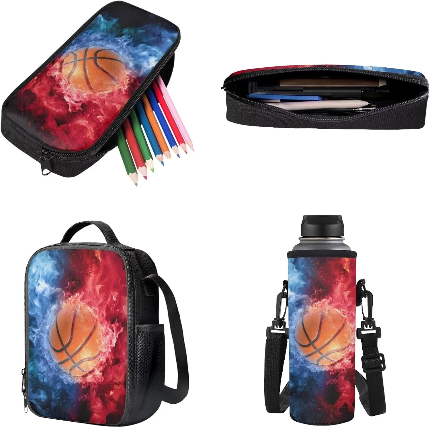 Poceacles School Bag Set, 4 Pieces with Pencil Case, Large Capacity Backpack, Lunch Bag, Bottle Carrier, Lightweight Comfortable Rucksack with Padded Shoulder Straps, Basketball Flame Blue Red