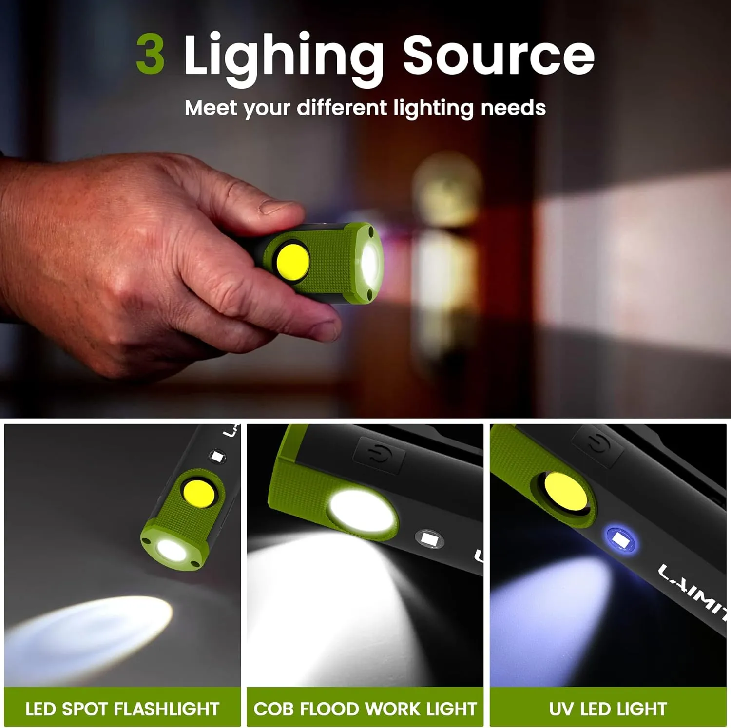 Pocket Mini Flashlight, Clip On Flashlight, Bright Rechargeable Magnetic Work Light Led & UV Work Light for Car Repairing Tool Gifts for Men, Green