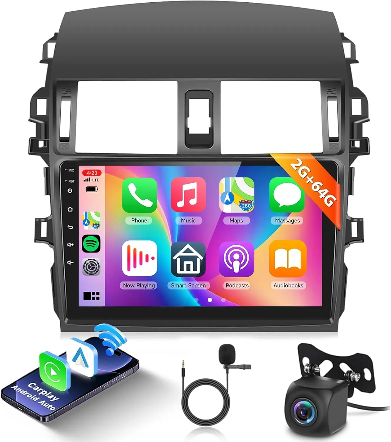 Podofo 2G 64G Radio for Toyota Corolla 2009-2013 Car Stereo with Wireless Carplay Android Auto MirrorLink 9inch 1080P HD IPS Touch Screen 5.0 Bluetooth FM RDS GPS 28UIs WiFi AHD Backup Camera