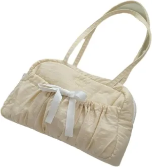 Pokn Cute Shoulder Bag for Women Handle Bag with Bow Nylon Lightweight Hobo Handbags Shoujo Tote Bags