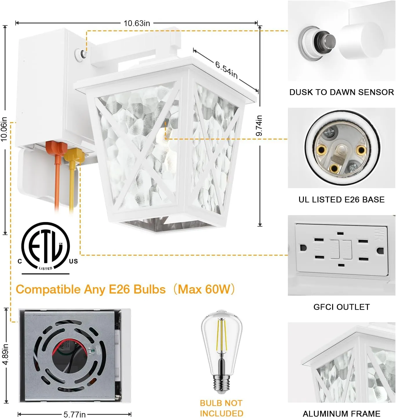 Porch Lights with Outlet, Dusk to Dawn Outdoor Light with Built-in GFCI Outlet, Waterproof Anti-Rust Lantern for Front Door (White 1 PC)