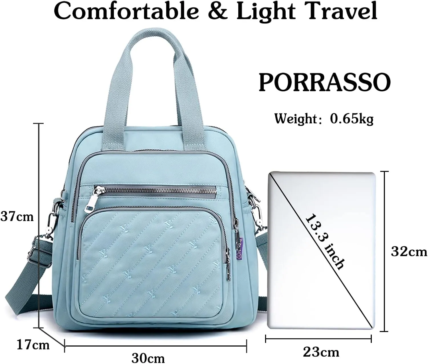 PORRASSO Backpack Fashion Shoulder Bag Women Handbag Rucksack Daypack Nylon Crossbody Bag for Work Travel Daily Use Blue