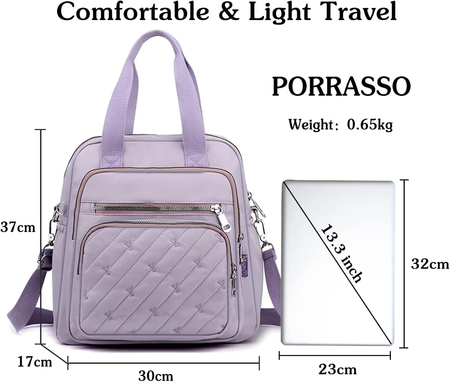 PORRASSO Backpack Fashion Shoulder Bag Women Handbag Rucksack Daypack Nylon Crossbody Bag for Work Travel Daily Use Purple