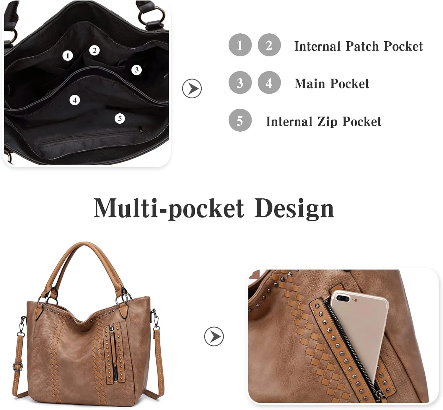 PORRASSO Fashion Tote Shoulder Handbag Ladies Crossbody Large Top-handle Messenger Bag PU Leather Travel Work Dating Satchel Dark Apricot