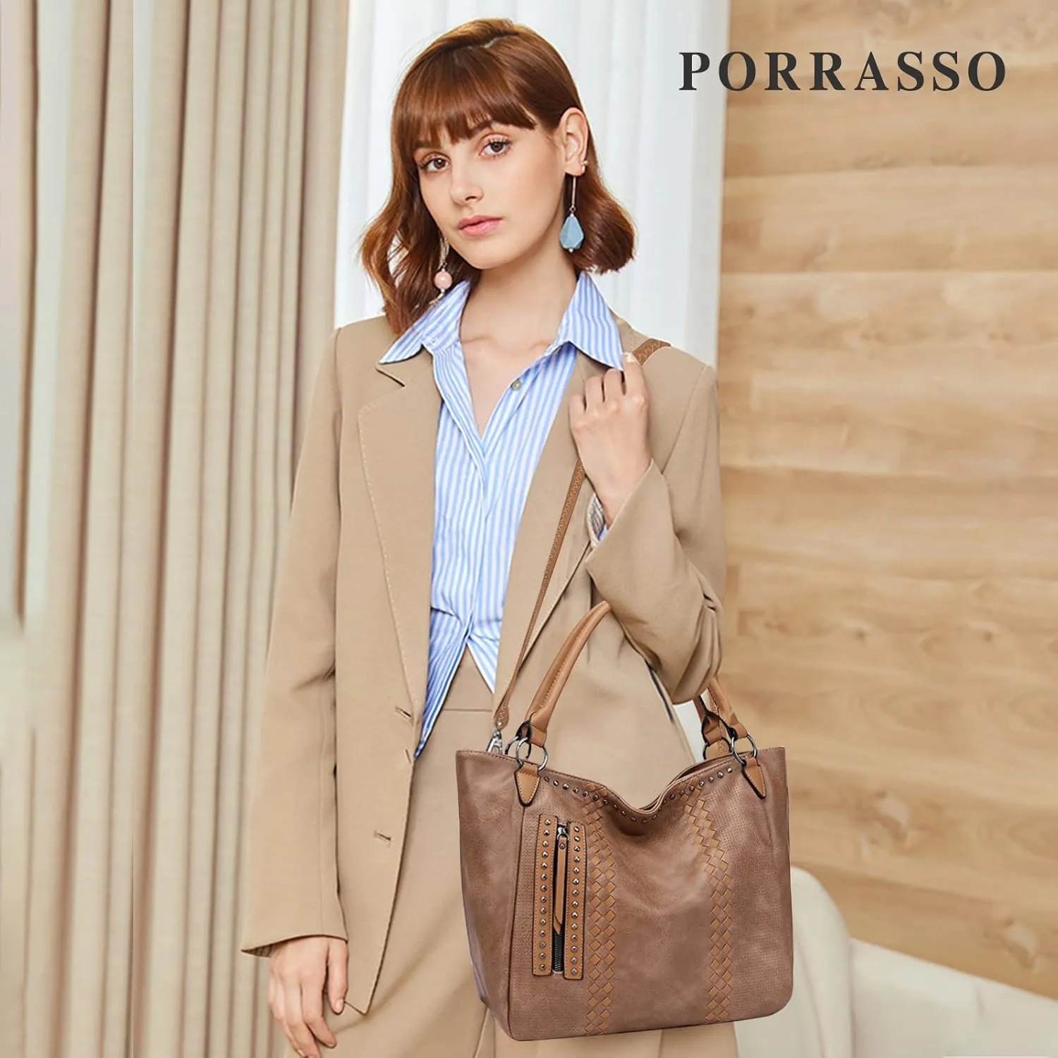 PORRASSO Fashion Tote Shoulder Handbag Ladies Crossbody Large Top-handle Messenger Bag PU Leather Travel Work Dating Satchel Dark Apricot