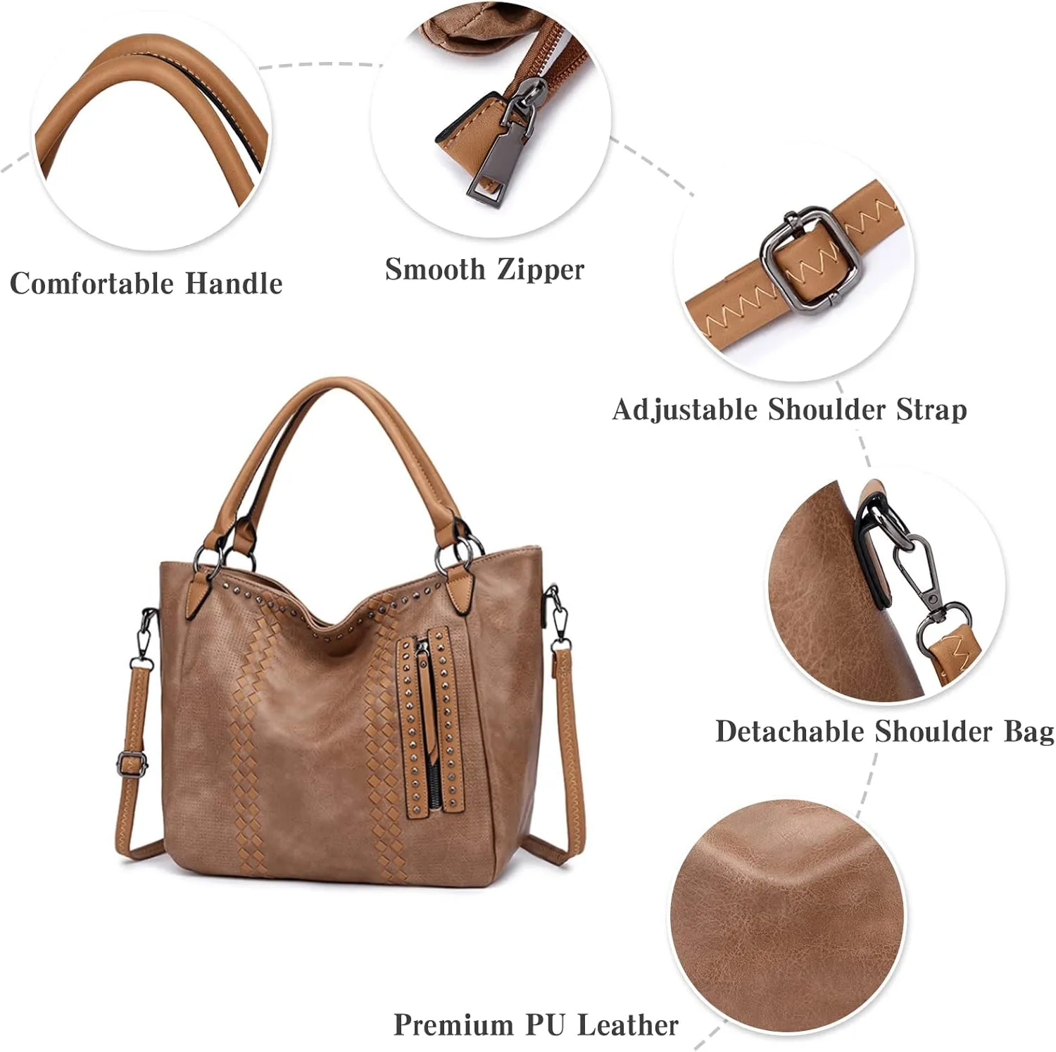 PORRASSO Fashion Tote Shoulder Handbag Ladies Crossbody Large Top-handle Messenger Bag PU Leather Travel Work Dating Satchel Dark Apricot