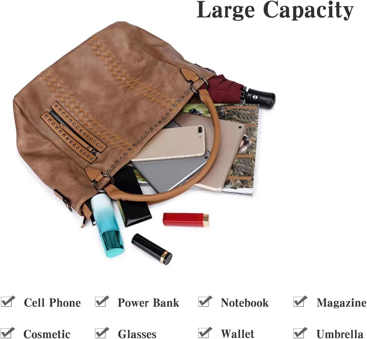 PORRASSO Fashion Tote Shoulder Handbag Ladies Crossbody Large Top-handle Messenger Bag PU Leather Travel Work Dating Satchel Dark Apricot