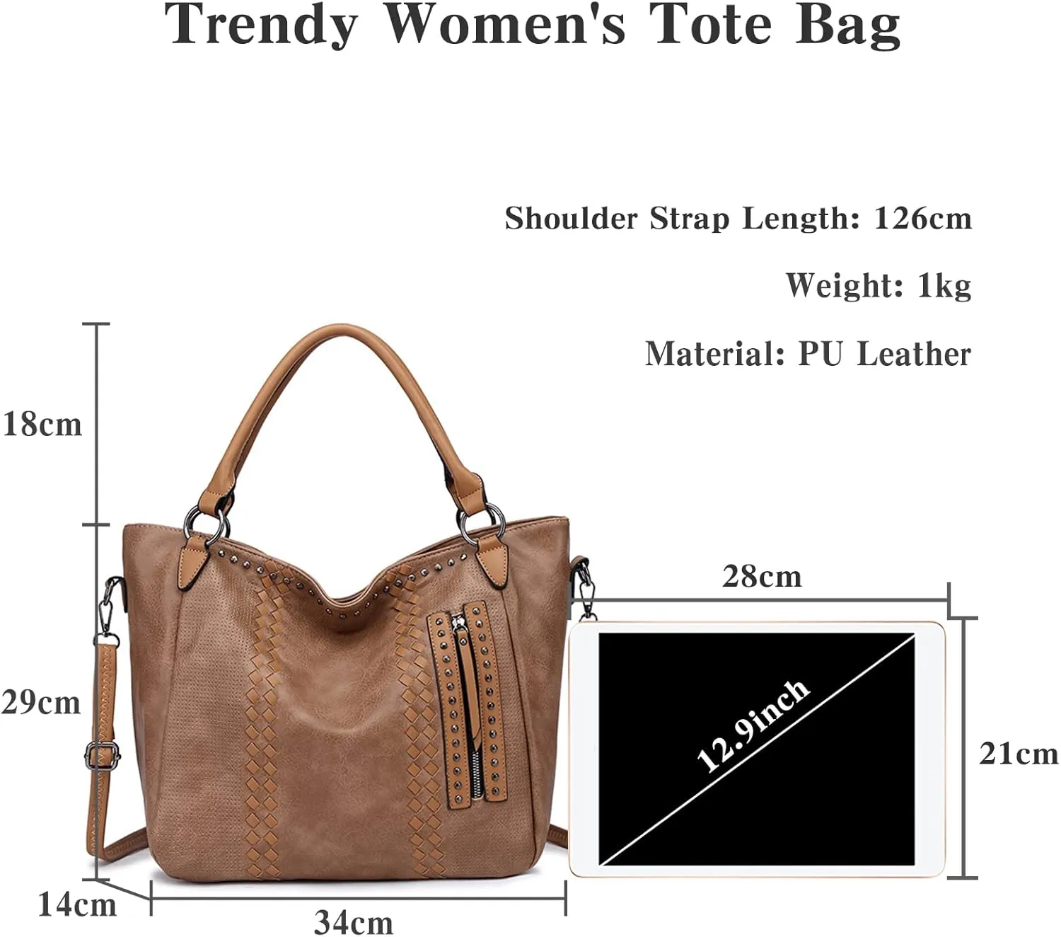 PORRASSO Fashion Tote Shoulder Handbag Ladies Crossbody Large Top-handle Messenger Bag PU Leather Travel Work Dating Satchel Dark Apricot