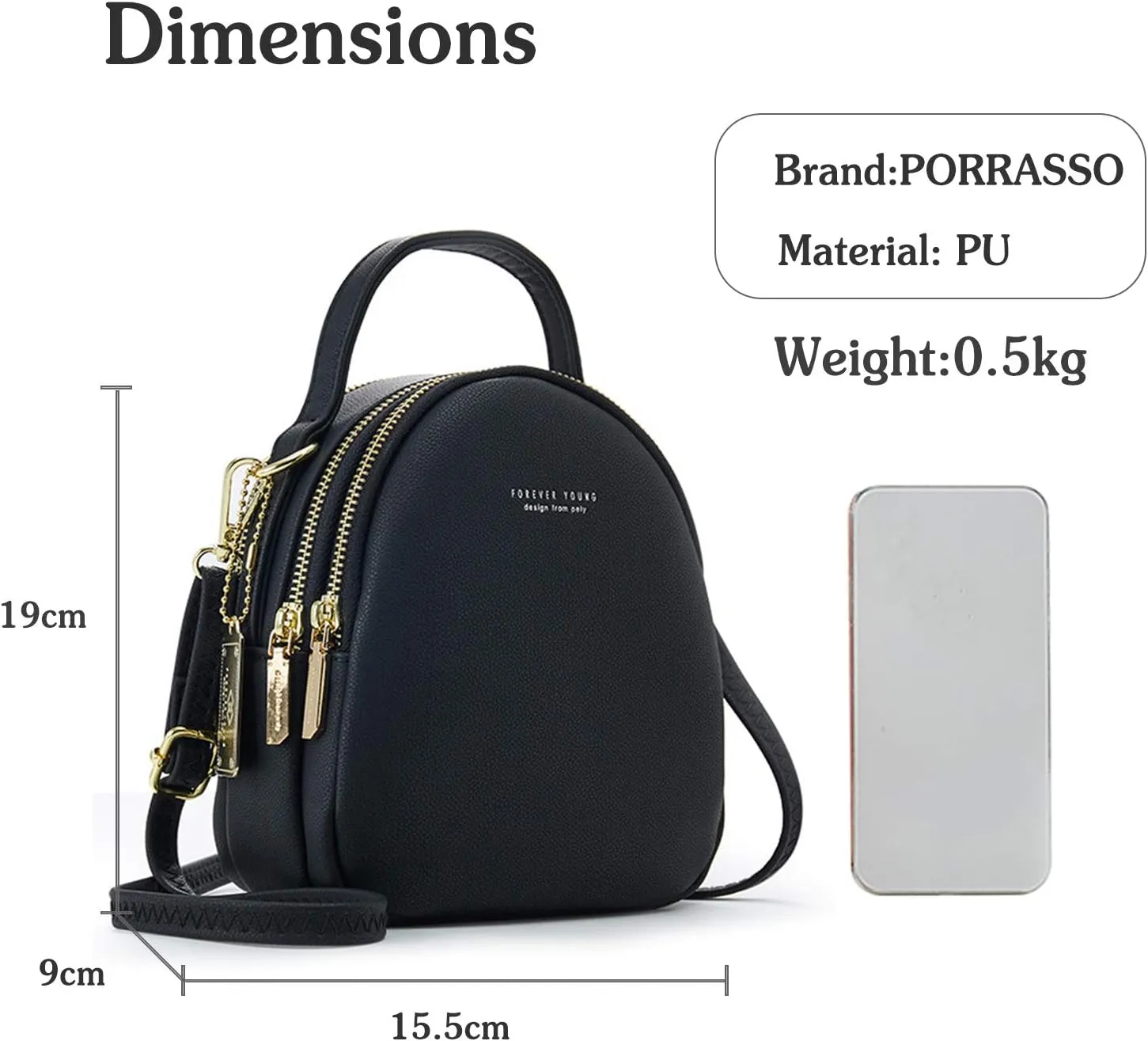 PORRASSO Mini Backpack Women Fashion Handbag Waterproof Cross-body Bag with Earphone Hole Ladies Leather Daypack Dating Travel Small Rucksack Black