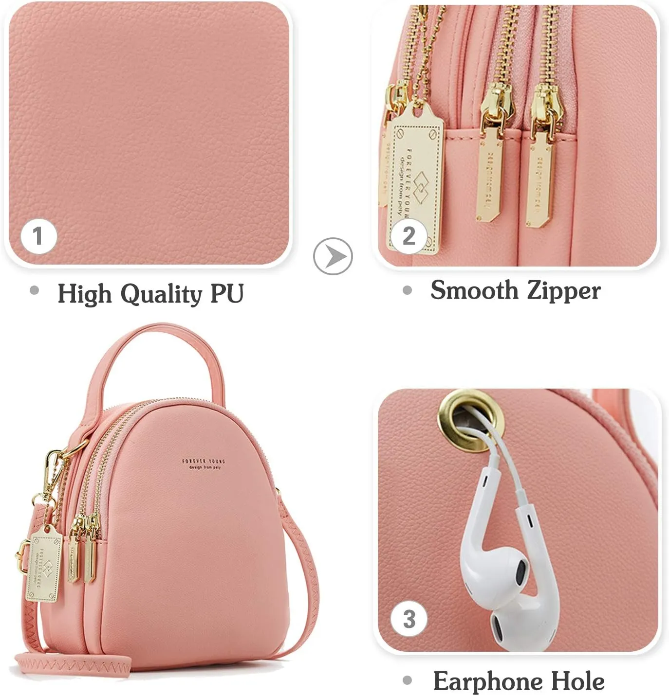 PORRASSO Mini Backpack Women Fashion Handbag Waterproof Cross-body Bag with Earphone Hole Ladies Leather Daypack Dating Travel Small Rucksack Black
