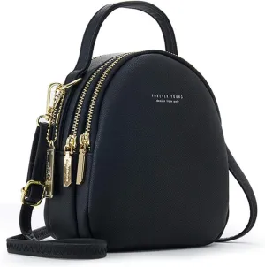 PORRASSO Mini Backpack Women Fashion Handbag Waterproof Cross-body Bag with Earphone Hole Ladies Leather Daypack Dating Travel Small Rucksack Black