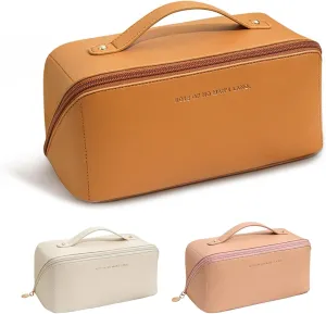 Portable Makeup Bag, Large Capacity Travel Cosmetic Bag, PU Leather Double-layered, Waterproof Portable Leather Makeup Organizer Bag for Skin Care Kits Cosmetics Toiletries (Brown)