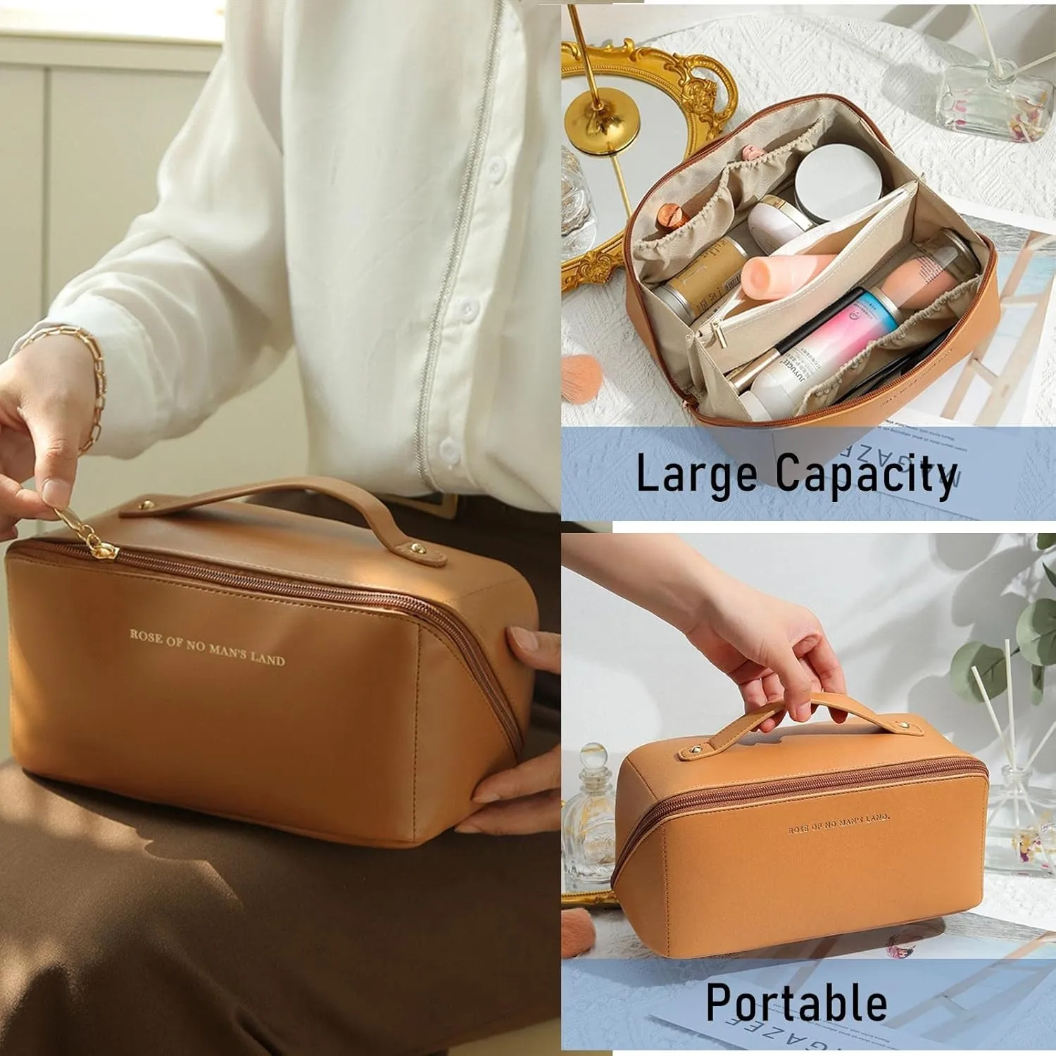 Portable Makeup Bag, Large Capacity Travel Cosmetic Bag, PU Leather Double-layered, Waterproof Portable Leather Makeup Organizer Bag for Skin Care Kits Cosmetics Toiletries (Brown)