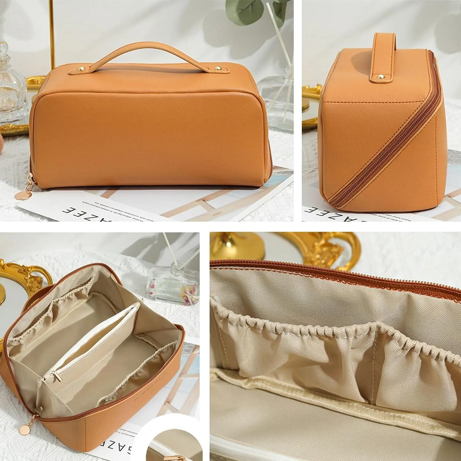 Portable Makeup Bag, Large Capacity Travel Cosmetic Bag, PU Leather Double-layered, Waterproof Portable Leather Makeup Organizer Bag for Skin Care Kits Cosmetics Toiletries (Brown)