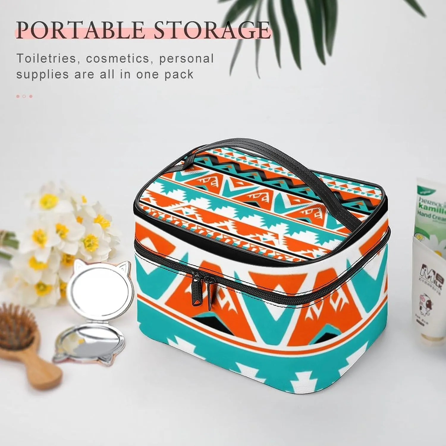 Portable Makeup Bag with Zipper Pouch, Indiana Western Southwest Tribal Ethnic Aztec Geometric Cosmetic Case Large Capacity Travel Makeup Case Organizer Toiletry Brushes Storage Bag