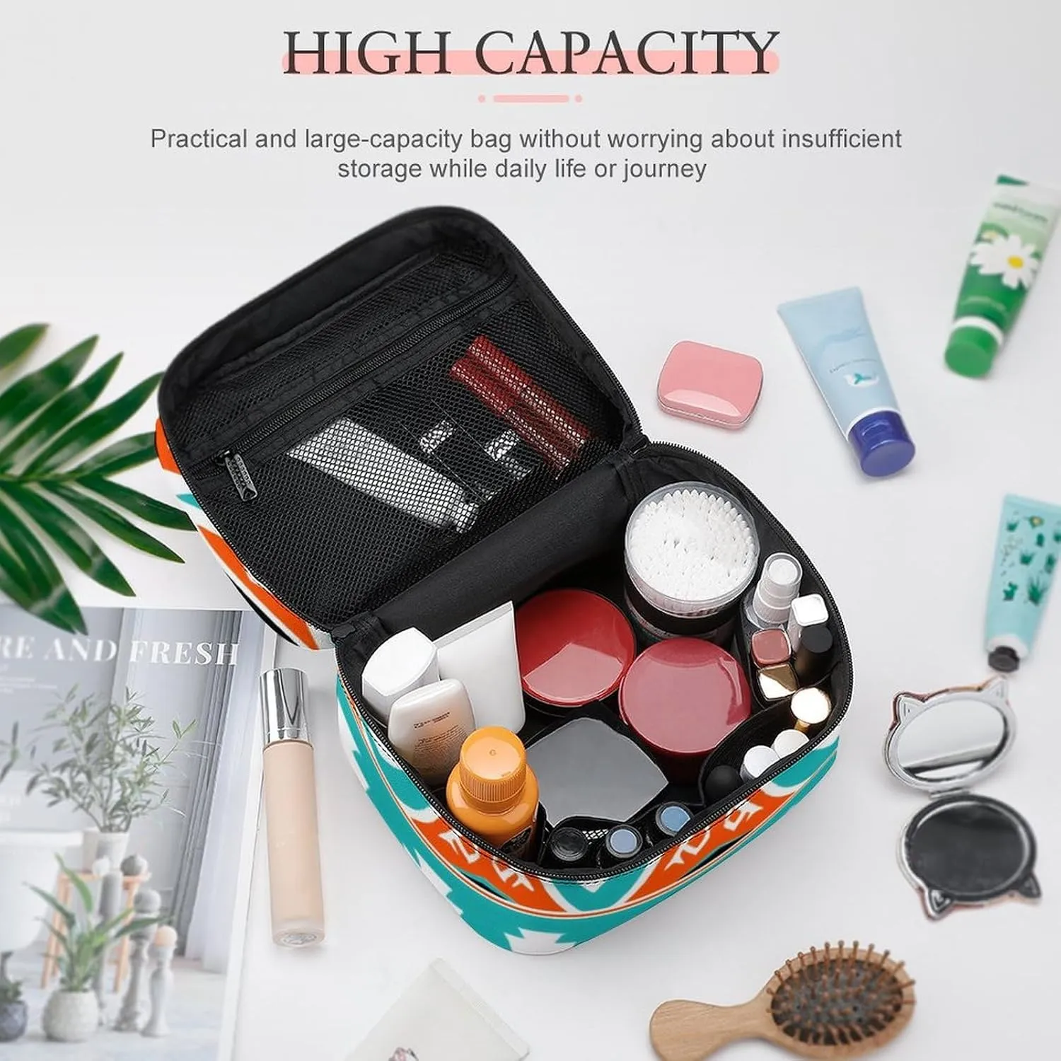 Portable Makeup Bag with Zipper Pouch, Indiana Western Southwest Tribal Ethnic Aztec Geometric Cosmetic Case Large Capacity Travel Makeup Case Organizer Toiletry Brushes Storage Bag