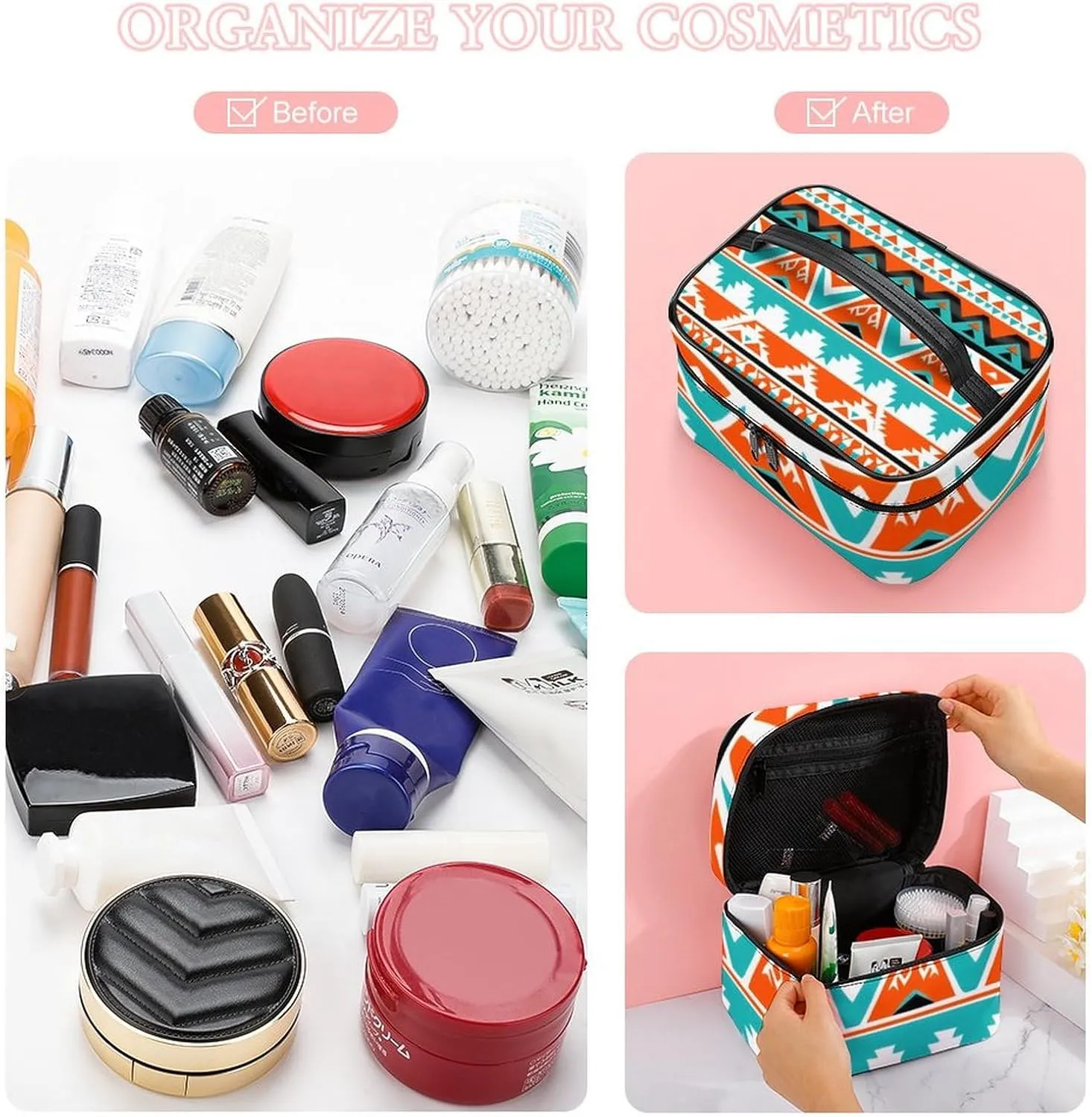 Portable Makeup Bag with Zipper Pouch, Indiana Western Southwest Tribal Ethnic Aztec Geometric Cosmetic Case Large Capacity Travel Makeup Case Organizer Toiletry Brushes Storage Bag