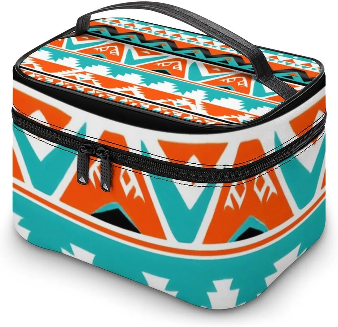 Portable Makeup Bag with Zipper Pouch, Indiana Western Southwest Tribal Ethnic Aztec Geometric Cosmetic Case Large Capacity Travel Makeup Case Organizer Toiletry Brushes Storage Bag