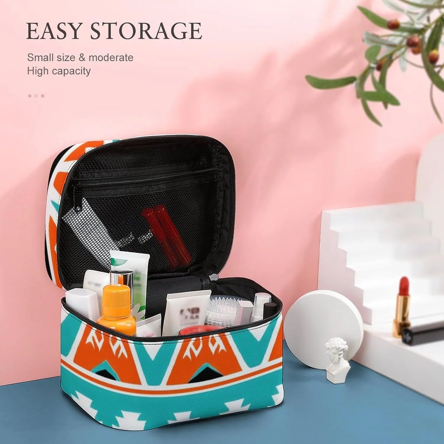 Portable Makeup Bag with Zipper Pouch, Indiana Western Southwest Tribal Ethnic Aztec Geometric Cosmetic Case Large Capacity Travel Makeup Case Organizer Toiletry Brushes Storage Bag