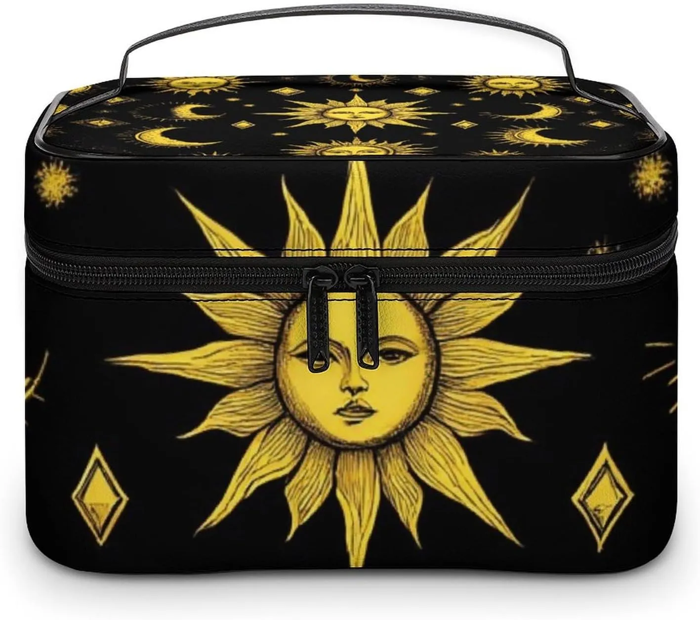 Portable Makeup Bag with Zipper Pouch, Sun Moon Star Gold Black Cosmetic Case Large Capacity Travel Makeup Case Organizer Toiletry Brushes Storage Bag