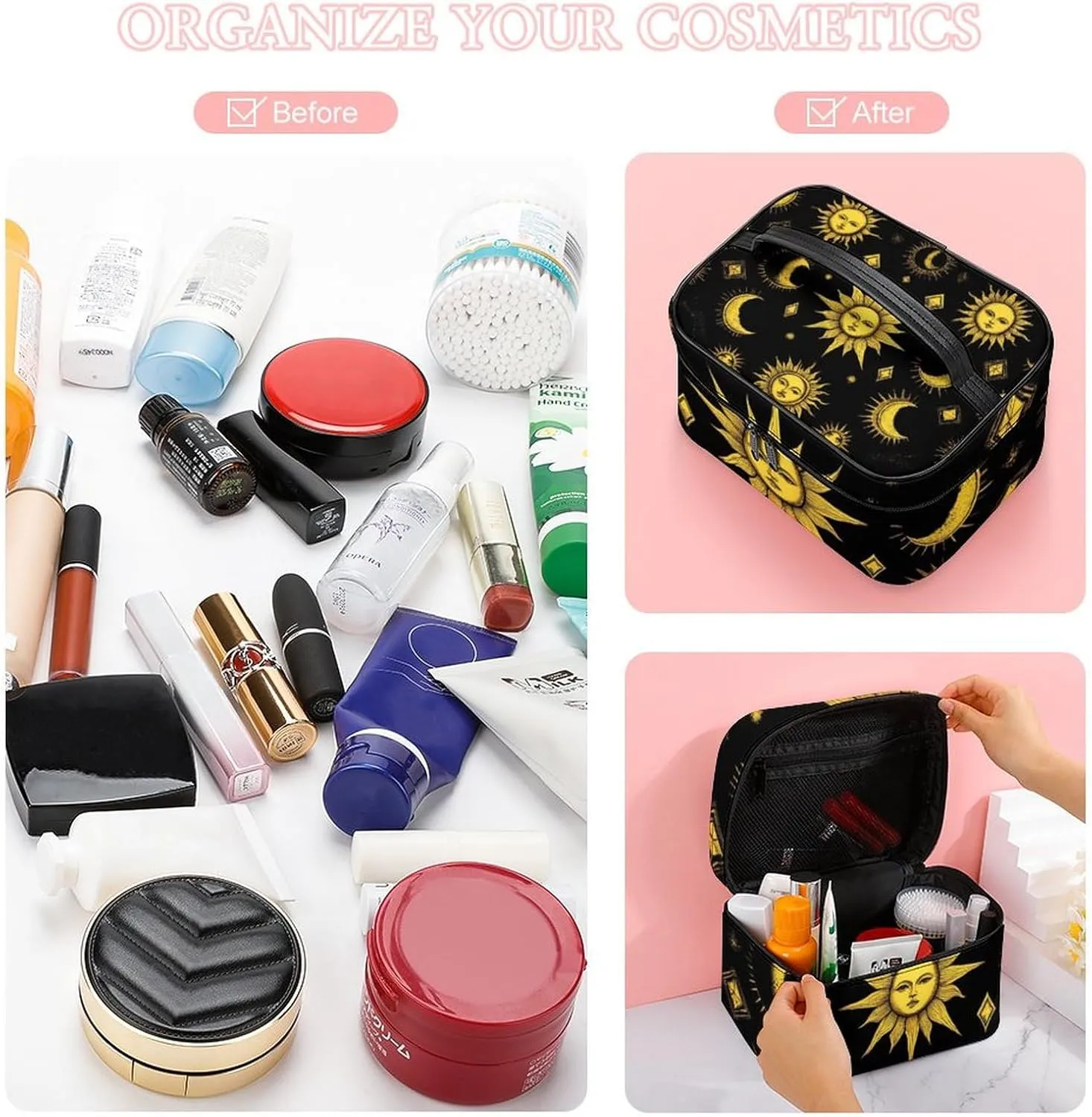 Portable Makeup Bag with Zipper Pouch, Sun Moon Star Gold Black Cosmetic Case Large Capacity Travel Makeup Case Organizer Toiletry Brushes Storage Bag